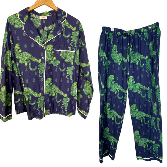 Saatvik Navy Lounge Leopard Print Pajama Set Long Sleeve Pants Women's Sz L